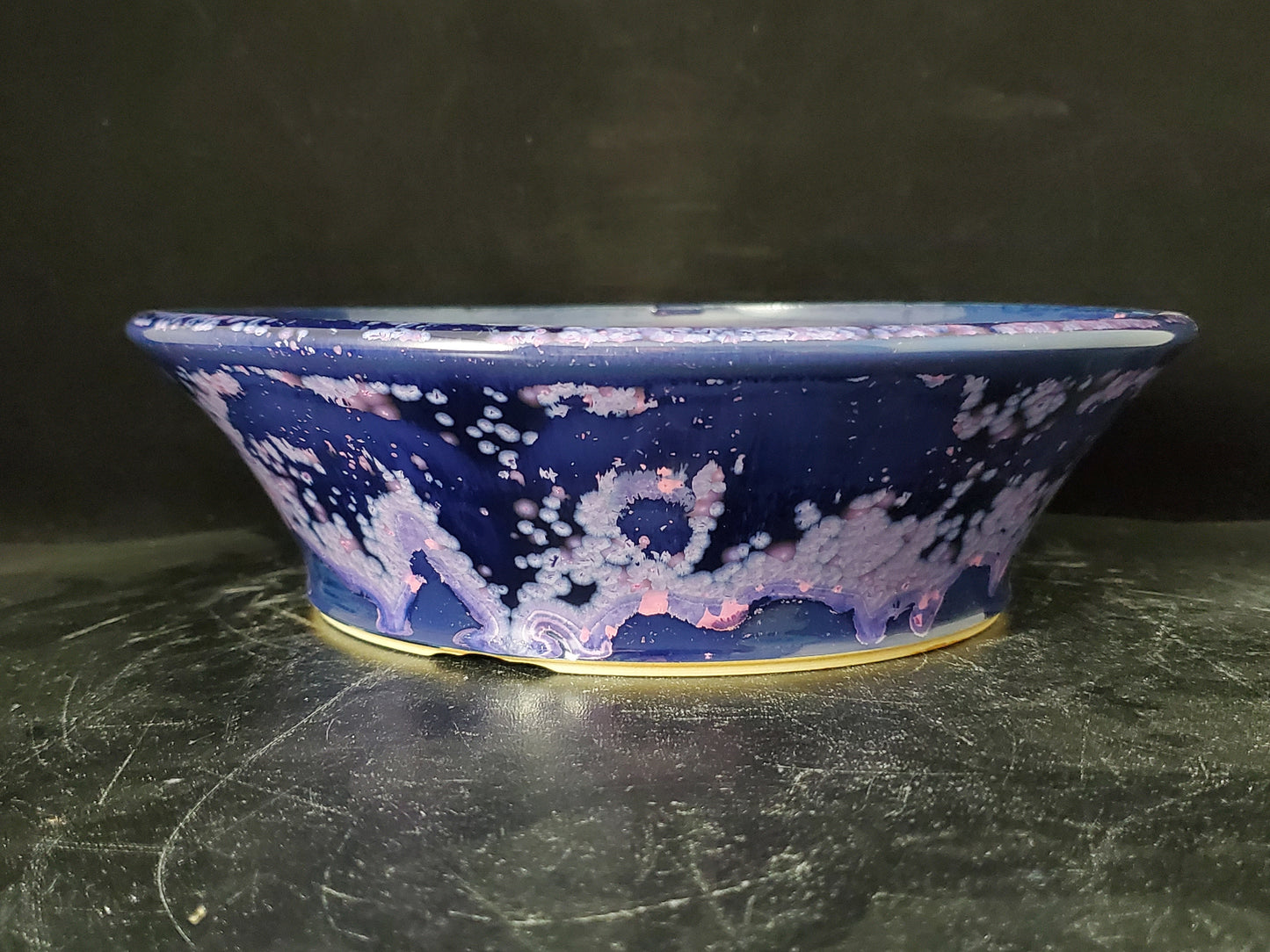 Bonsai Pot Round 10-24-1521  8.75"w x 2.5"t (crystalline glaze)