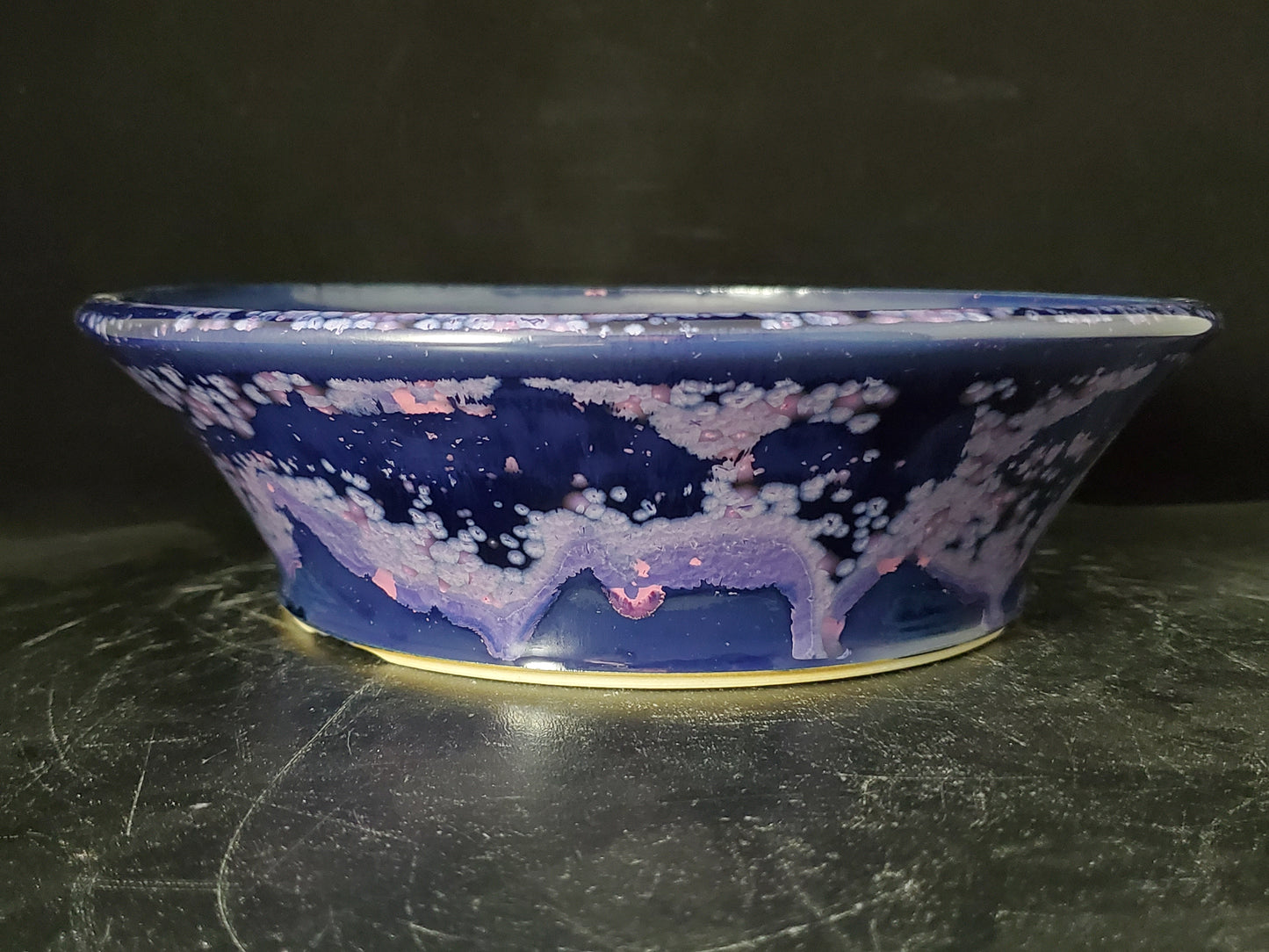 Bonsai Pot Round 10-24-1521  8.75"w x 2.5"t (crystalline glaze)