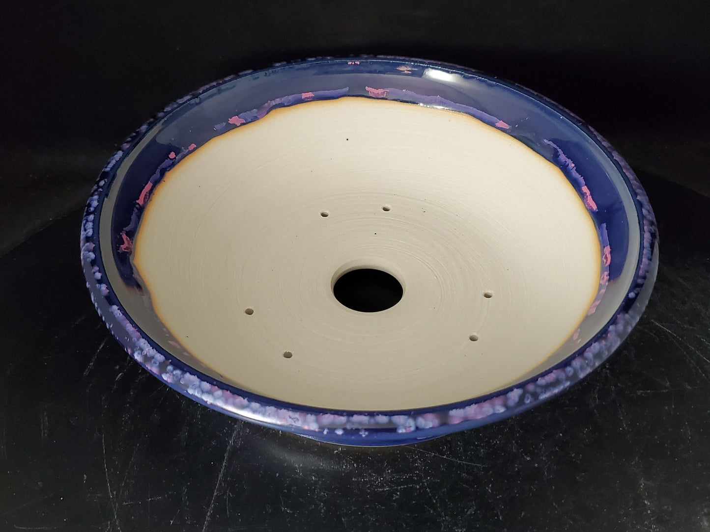 Bonsai Pot Round 10-24-1521  8.75"w x 2.5"t (crystalline glaze)