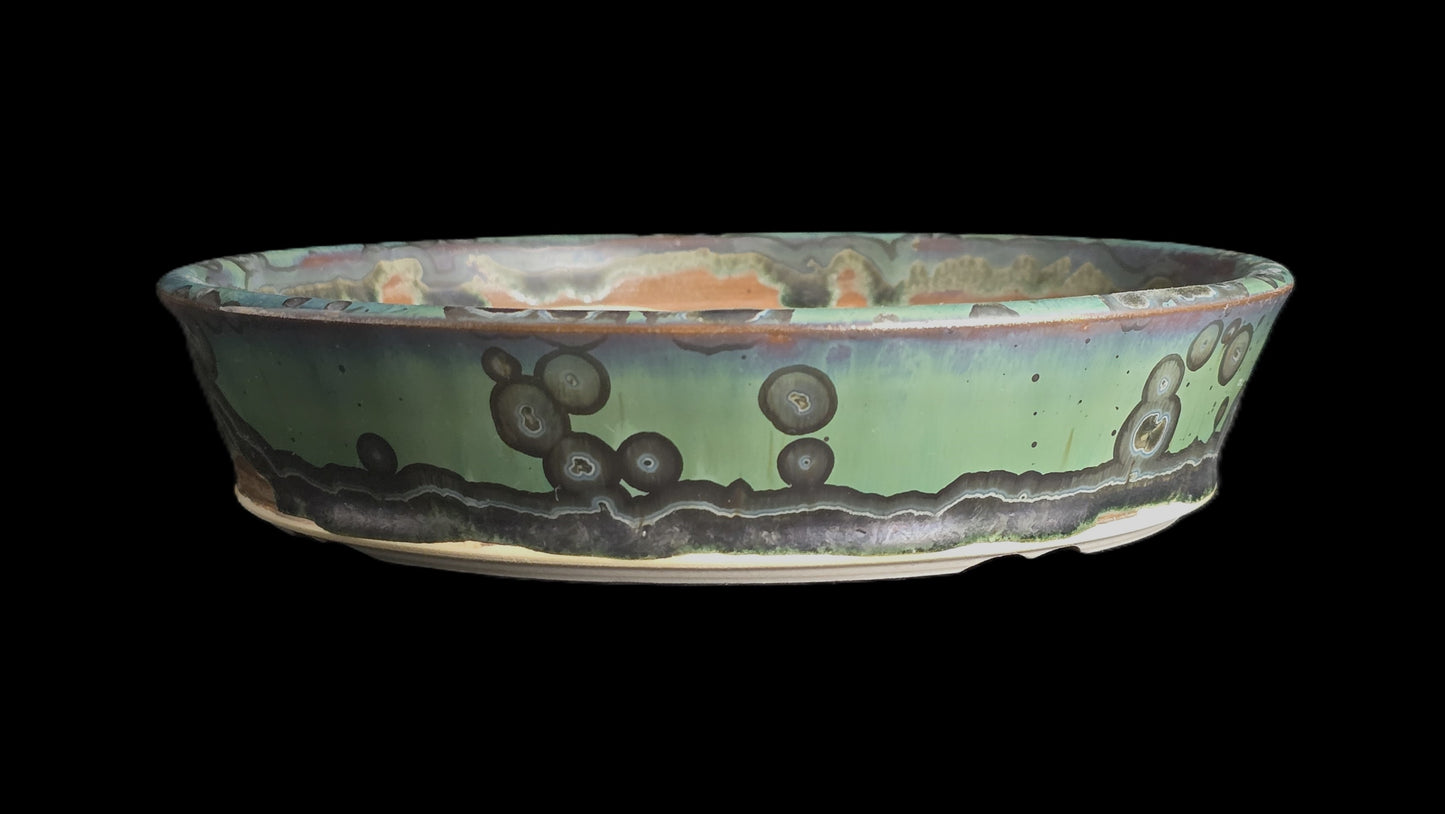 Bonsai Pot, Crystalline Round 1-26 - 8" X 1.75" Teal Crystals
