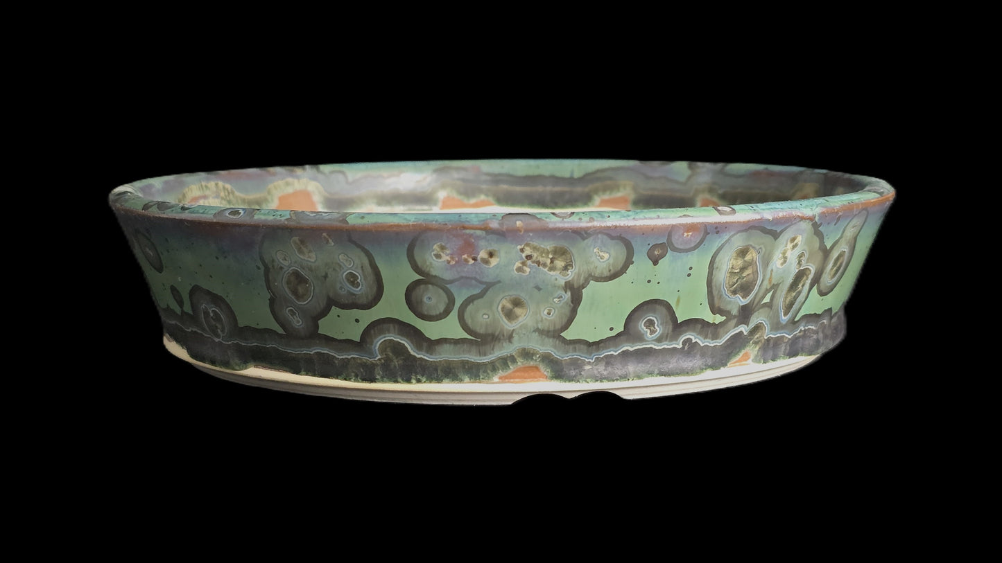 Bonsai Pot, Crystalline Round 1-26 - 8" X 1.75" Teal Crystals