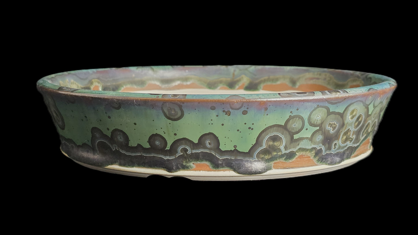 Bonsai Pot, Crystalline Round 1-26 - 8" X 1.75" Teal Crystals