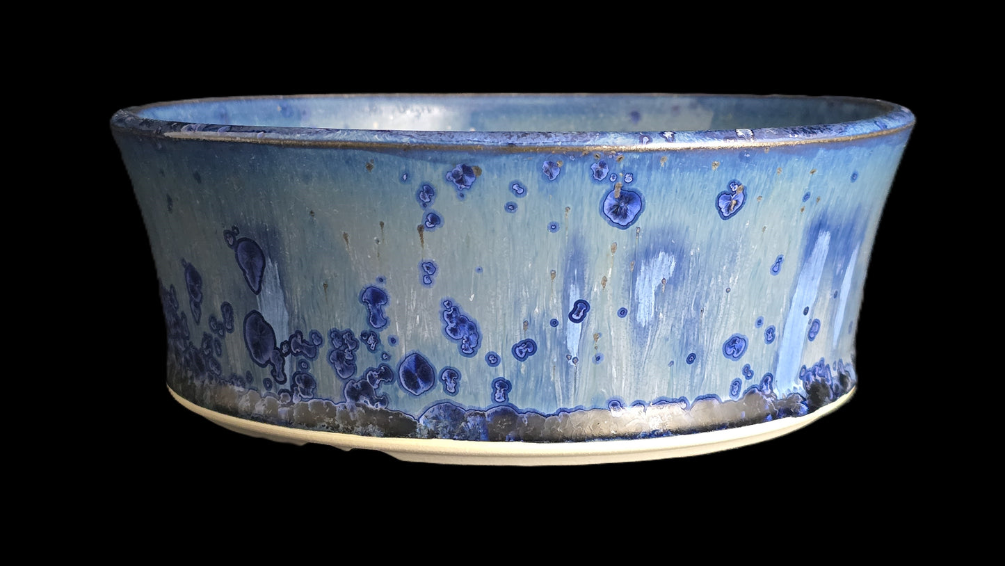 Bonsai Pot, Drippy Blue Crystalline Round 1-26 - 8.25" X 3"