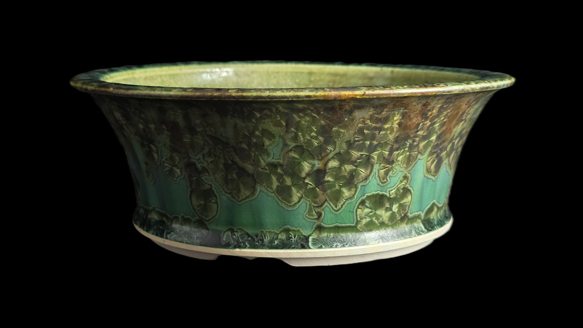 Crystalline green round flare bonsai pot 10-26 side view 1