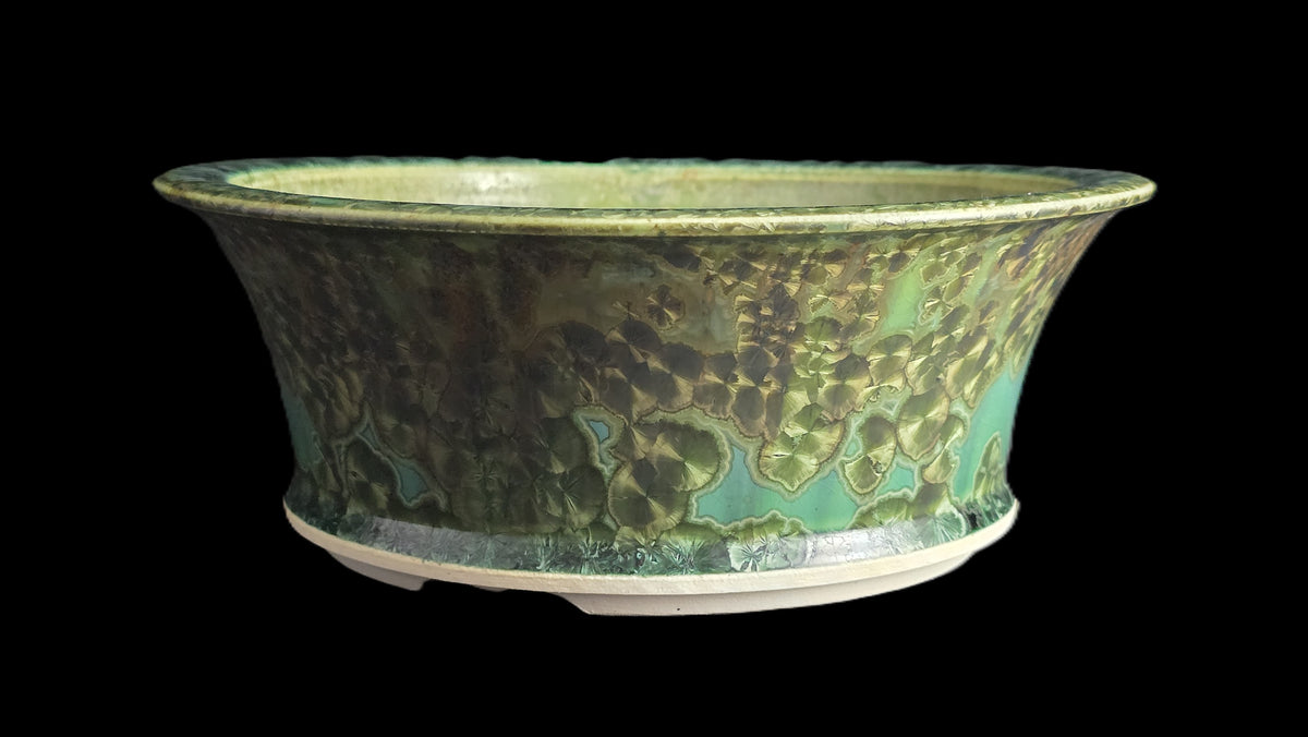 Crystalline green round flare bonsai pot 10-26 side view 2