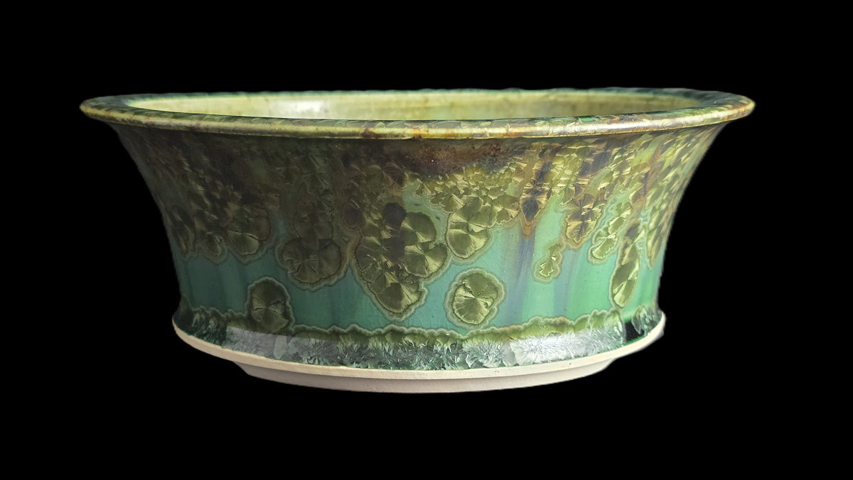Crystalline green round flare bonsai pot 10-26 side view 3