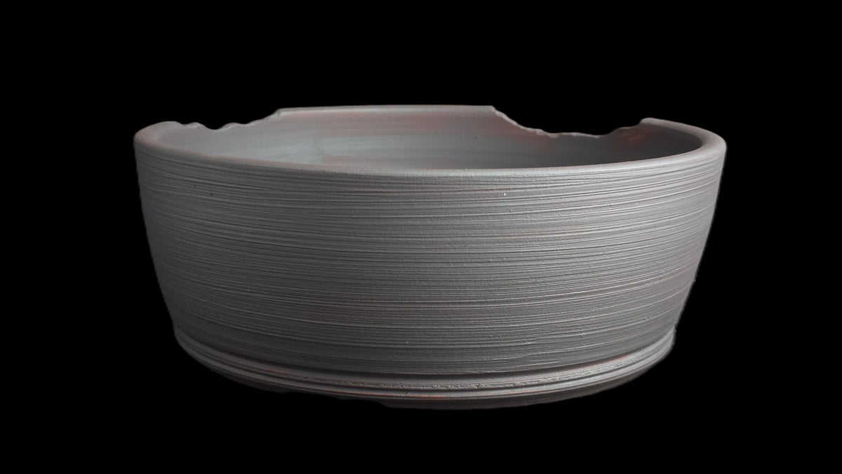 Rustic deep round iron oxide bonsai pot 10-26 side view 3