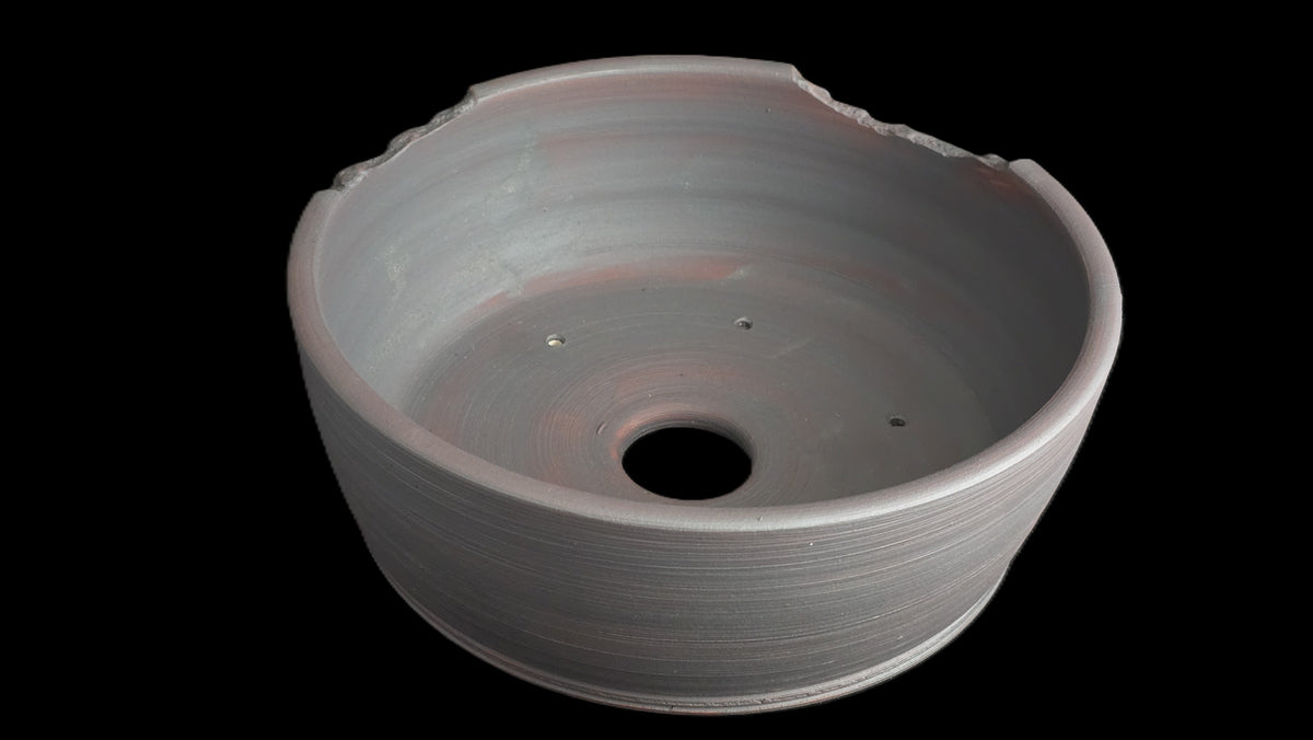 Rustic deep round iron oxide bonsai pot 10-26 top view