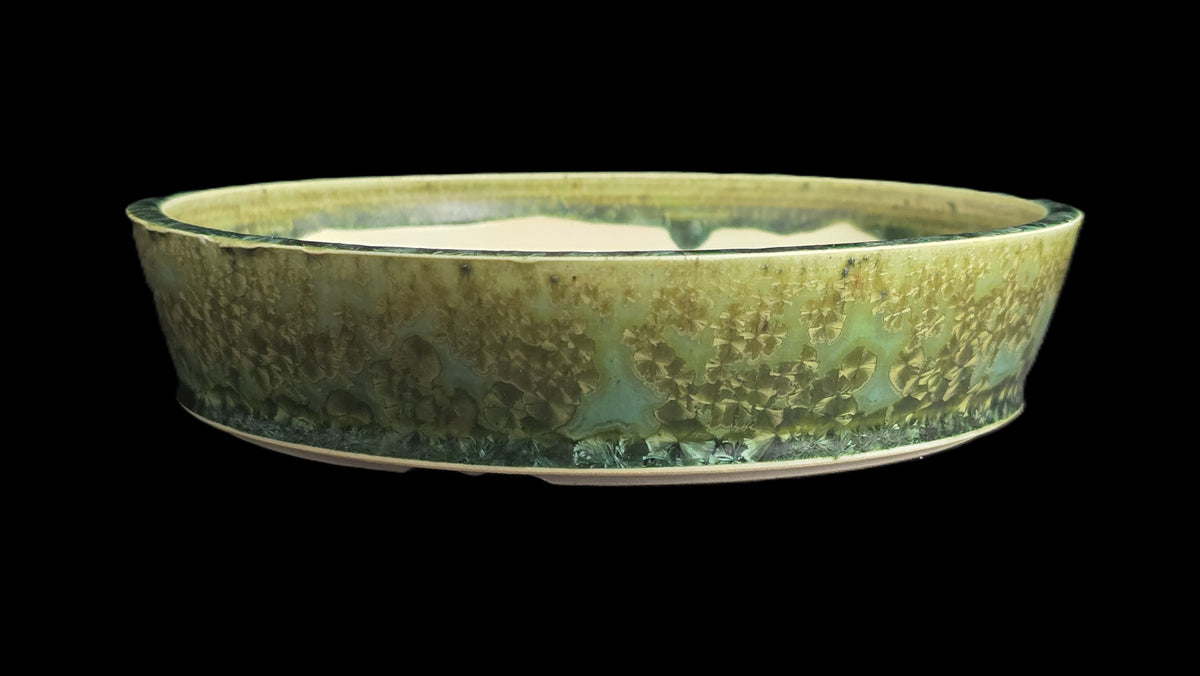 Shallow green crystalline bonsai pot 10-26 side view 1