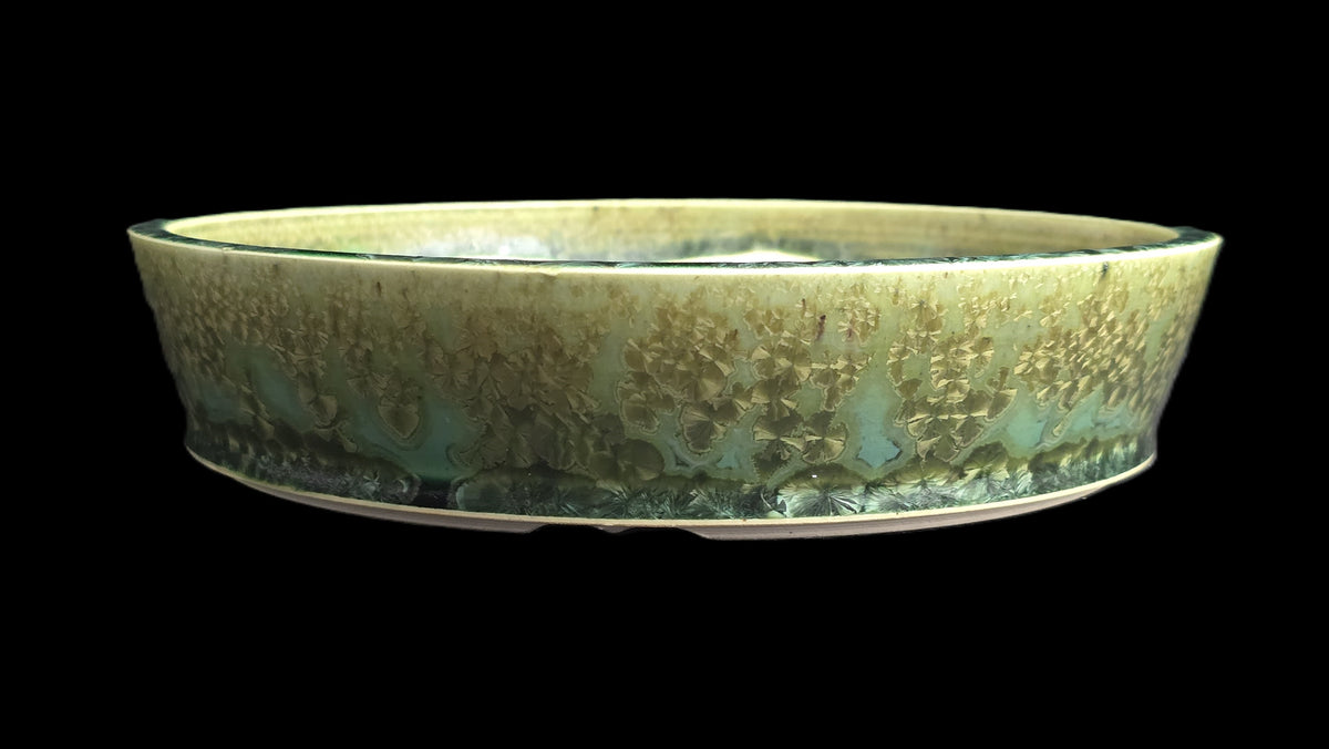 Shallow green crystalline bonsai pot 10-26 side view 2