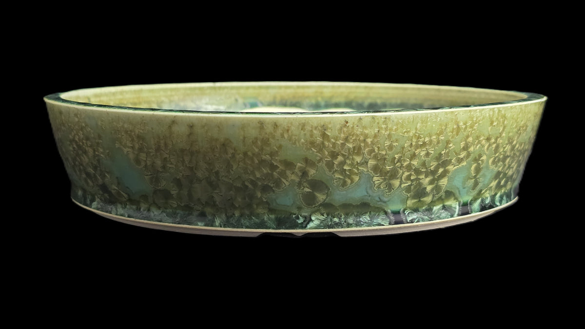 Shallow green crystalline bonsai pot 10-26 side view 3