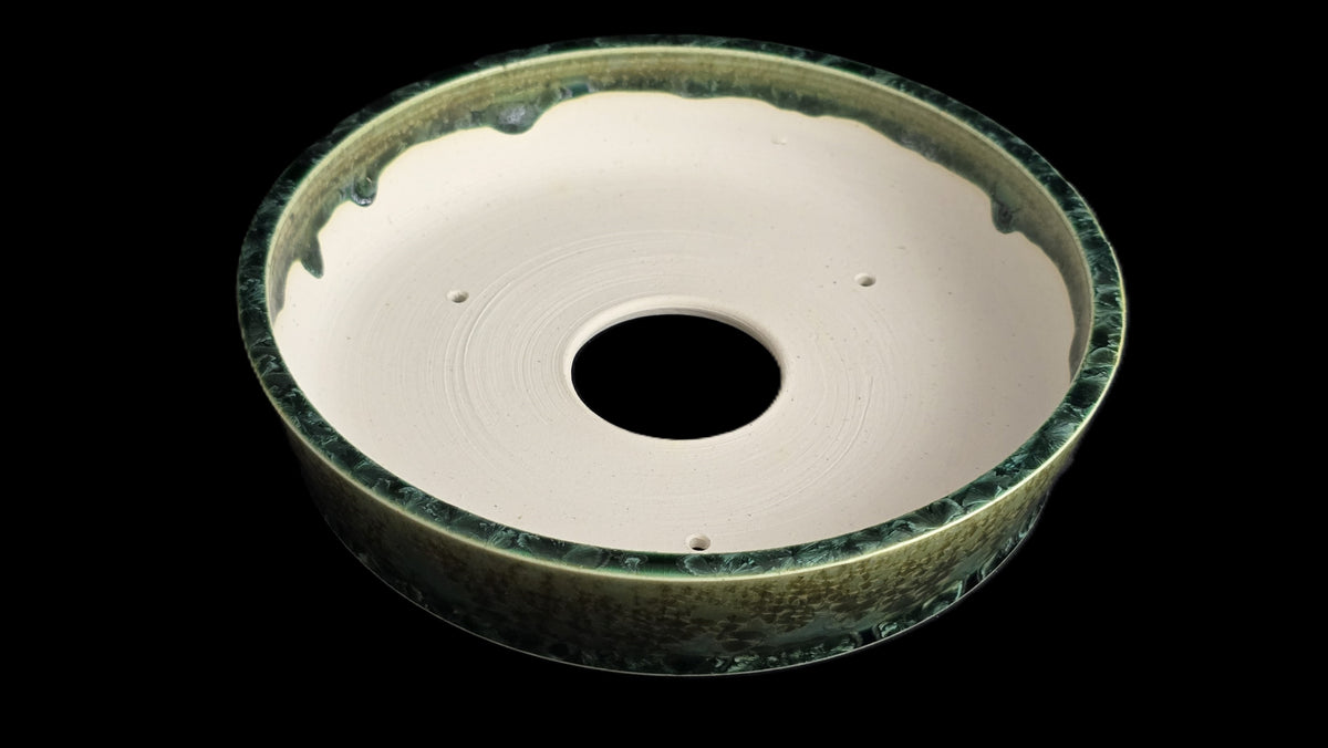 Shallow green crystalline bonsai pot 10-26 top view