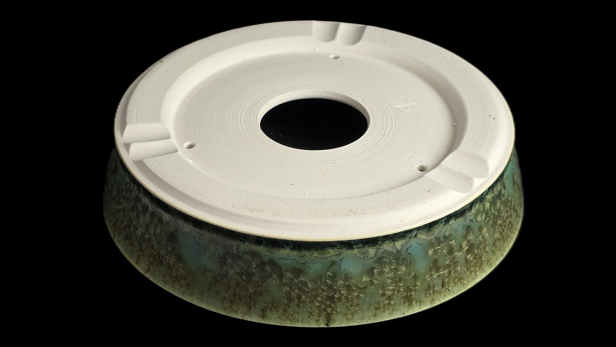 Shallow green crystalline bonsai pot 10-26 bottom view