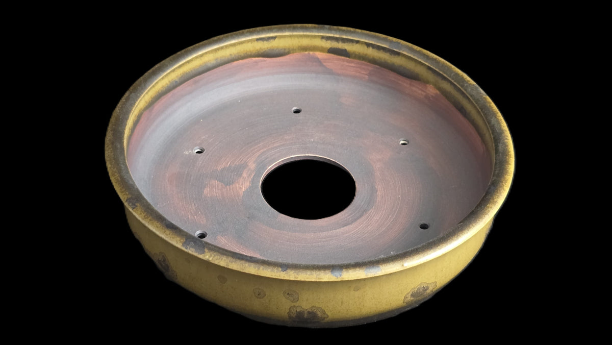Mustard yellow crystalline bonsai pot 10-26 top view
